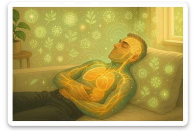 Uomo sdraiato su un divano nel primo pomeriggio, mentre fa un breve riposino. Il suo corpo appare parzialmente trasparente o stilizzato, con luce calda e flussi energetici dorati e verdi che scorrono attraverso muscoli, cervello, e organi. Intorno a lui si vedono piccoli simboli di rigenerazione: cellule che si rinnovano, tessuti che si illuminano, aura rilassata. L'ambiente è calmo e ordinato, luce naturale che entra da una finestra, atmosfera rigenerante, stile realistico con accenti metaforici. sticker