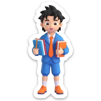 Goku as a student, wearing a school uniform, holding books, cheerful expression, 3D style sticker