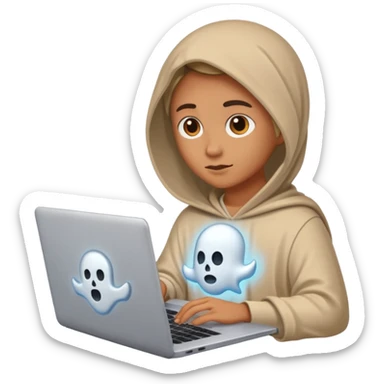 Create an emoji where an ungender person sits in front of the desk, designing ghost characters on laptop. Please refer to the attached image for ghost characters. sticker