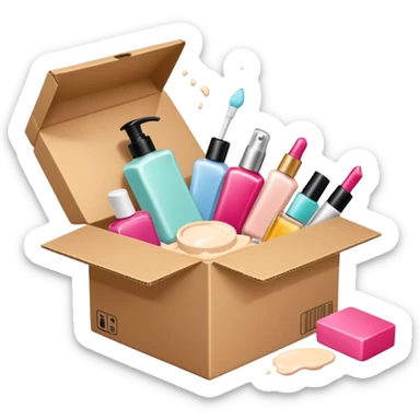 a cardboard box with assorted beauty products like compact, lotion, and nail polish spilling out with a blue background, variation 1 sticker