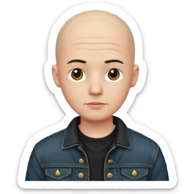  a young man with bald head, black jeans jacket sticker