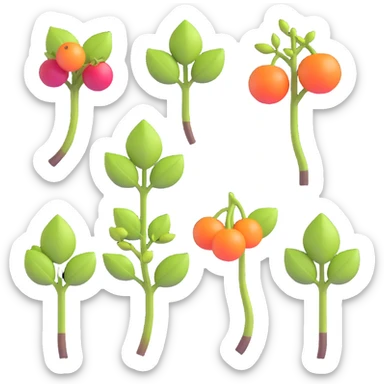 3D emoji style icons arranged in one scene showing the growth cycle of grapevine: pruning, sprouting, leaf emergence, flowering, fruit formation, veraison, and harvesting, each stage distinctly 3D separated, no background sticker