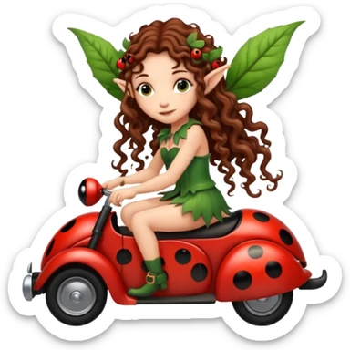 tiny forest elf long curly brown hair tattoos riding ladybug sticker