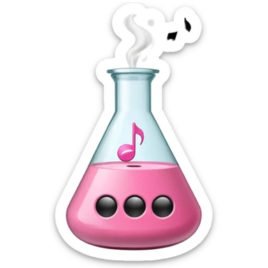 bublegum pink flask beaker with music coming out, as well as a vintage audio speaker sticker