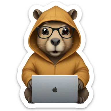 Nerdy cute capybara with its distinct large dark snout, big eyes, with glasses wearing a hoodie and coding on a laptop  sticker