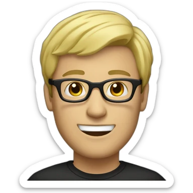 adult man with blond hair with black glasses, small smile, with the body sticker