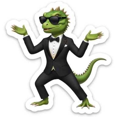 capitalist iguana banker in tuxedo and black sunglasses dancing crazy sticker