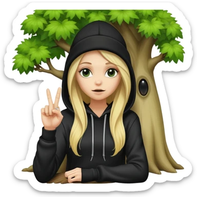 long hair blonde sitting by a tree with her middle finger up. I want her wearing a black beanie and an alien hoodie sticker