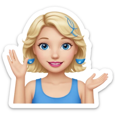 Girl Blonde short wavy hair,  blue eyes, cute blue top, long lashes, pink lips, smiling, one hand in the air sticker