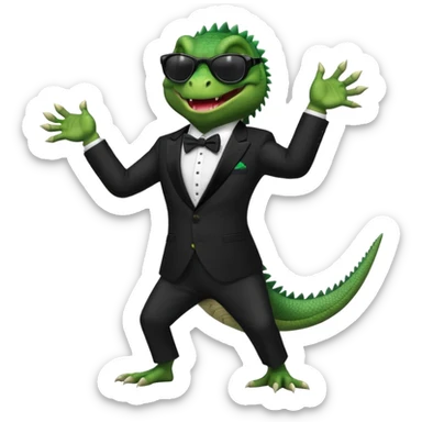 capitalist iguana banker in tuxedo and black sunglasses dancing crazy sticker