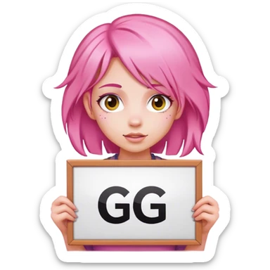 girl with pink hair, big sign, sign says "GG" sticker