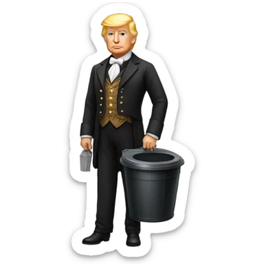 trump in Victorian dress elegant, full body, holding a trash bidon sticker