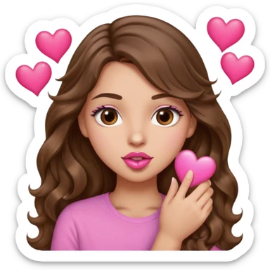 girl with long wavy brown hair, brown eyes, light to medium complexion, in a pink shirt, pink lips, long lashes, puckering up for a kiss, kiss lips and hearts in hand sticker