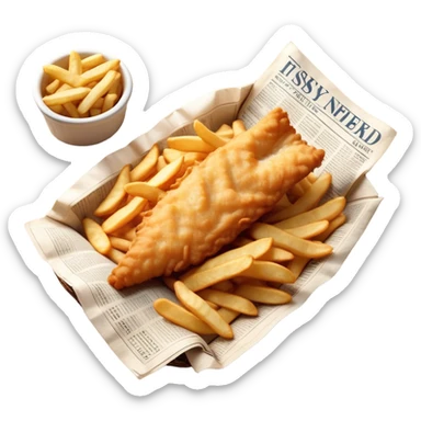 Fish and Chips Cinematic Realistic Fish and Chips Dish Emoji, depicted as a crispy battered fish fillet and golden chips served in traditional newspaper wrapping, rendered with lifelike textures and warm natural lighting that captures its iconic British street food charm  . sticker