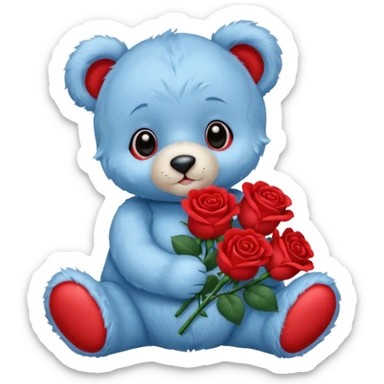 cute blue baby teddy bear holding roses  sticker