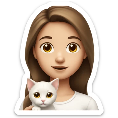 Little girl with brown hair holding a white kitten sticker