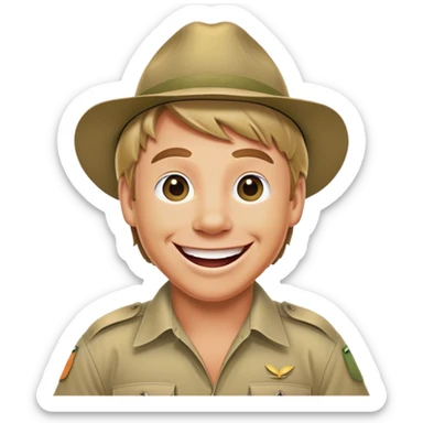 Cinematic Realistic Steve Irwin Portrait Emoji, depicted as a passionate wildlife expert in his signature khaki attire with an enthusiastic smile and a backdrop of the Australian outback, rendered with vibrant textures and dynamic natural lighting that captures his adventurous spirit. sticker