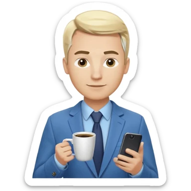 Confident male entrepreneur, Caucasian features, blonde hair, defined eyebrows, slight smile, wearing blue blazer over light blue shirt, holding a smartphone in one hand and a coffee cup in the other, waist-up, front-facing sticker