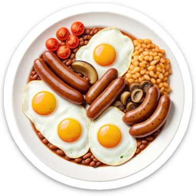 English Breakfast Cinematic Realistic English Breakfast Dish Emoji, depicted as a hearty plate featuring 2 sizzling sausages, a central serving of baked beans, 2 perfectly fried eggs, 2 sliced grilled tomatoes, 2 grilled mushrooms, and a triangle-shaped hash brown, rendered with vivid textures and warm, inviting lighting. sticker