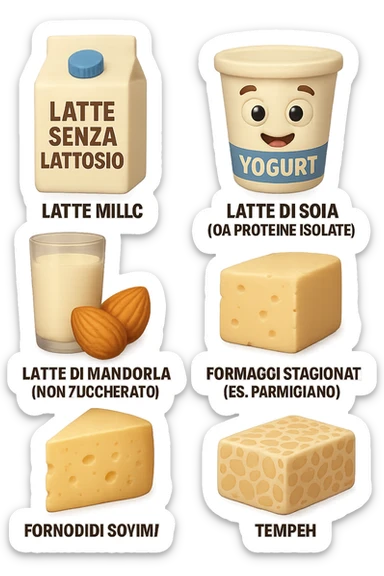 emoji stile iphone 3d di Latte e yogurt delattosati in italiano
Latte di mandorla (non zuccherato)
Latte di soia da proteine isolate
Formaggi stagionati (es. parmigiano)
Tofu compatto e tempeh
 che fluttuano in aria, iperealistico 4k sticker
