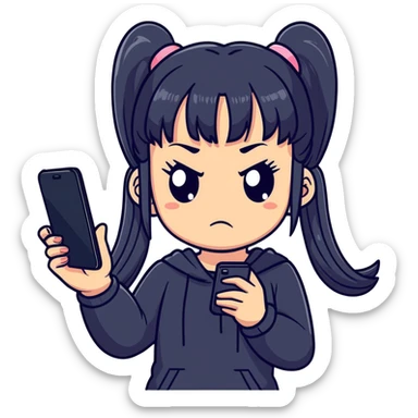 sticker-style illustration of cute girl with two long ponytails, straight bangs, dark outfit, exaggerated angry face with furrowed brows and puffed cheeks, gripping smartphone, floating phone screen with two happy characters, making her jealous, minimal, bold, expressive, pink background sticker