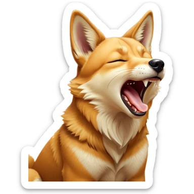 Cinematic Cute Yawning Dingo Portrait Emoji, Head tilted slightly with a dramatic, wide-open yawn, showcasing a soft, sandy fur with gently drooping ears and round amber eyes barely open in drowsy contentment, Simplified yet irresistibly adorable features, highly detailed, glowing with a soft, cozy glow, high shine, relaxed yet expressive, stylized with a touch of wild charm, bright and endearing, soft glowing outline, capturing the essence of a sleepy yet affectionate dingo, so drowsy it feels like it could stretch out of the screen and curl up for a nap! sticker