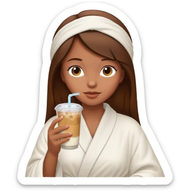 Side profile of a girl with brown hair in a robe and towel sipping iced coffee sticker