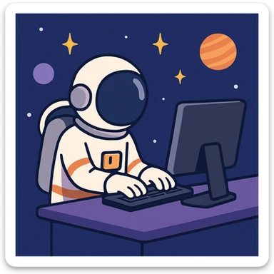 flat toon style astronaut typing on a computer, space setting sticker