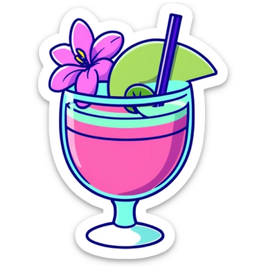 Pink margarita in short cup with a strawberry on top and a purple orchid as garnish sticker