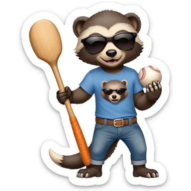 mischievous anthropomorphised honey badger in jeans and a t-shirt, wearing sunglasses, holding a baseball bat sticker