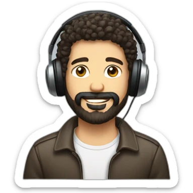 A guy with dark brown beard short curly hair left lock of hair headphone sticker
