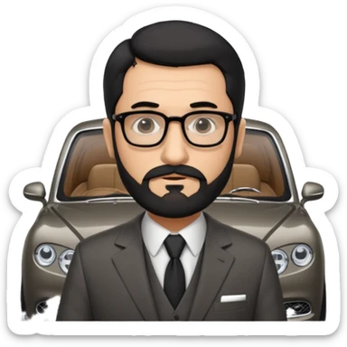 Professor Bentley Dyed black gray hair  frencb beard graying indian guy in suit with a bentley car. Older look with glasses sticker