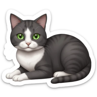 beautiful female solid dark grey cat with green eyes, white toes/paws and white patch on her chest rolling over sticker