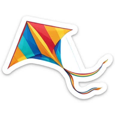 A colorful kite soaring high in the sky on a sunny day, with a long, flowing tail trailing behind. The background features an open field or beach, capturing the joy and freedom of flying kites, with gentle winds and a peaceful atmosphere. sticker