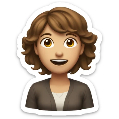 Female with brown hair shrugging while laughing  sticker