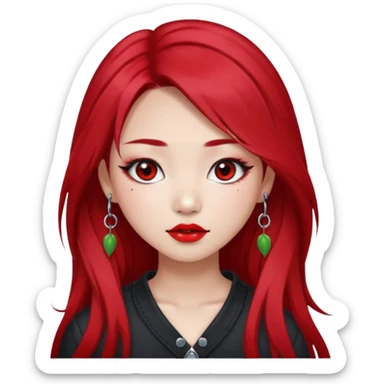 pretty girl asian, red cherry long hair,makeup grunge,Eyebrow and lip piercing sticker