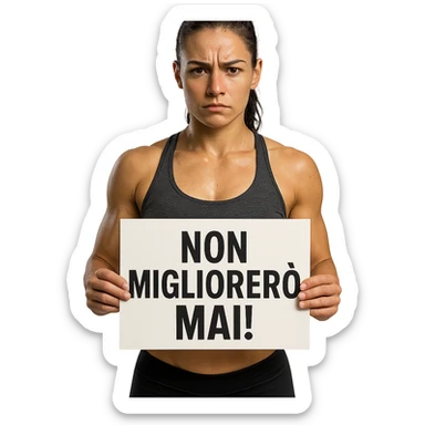 DONNA FITNESS CHE TIENE UN CARTELLO IN MANO CON LA SCRITTA "NON MIGLIORERò MAI!", iperrealistico 4k sticker