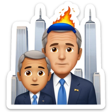 animated emoji of twin towers with a plane crashed into it and george bush on a phone in front of it sticker