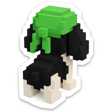 A black and white Russian Cocker Spaniel puppy wearing a green durag, voxel style, facing backward sticker