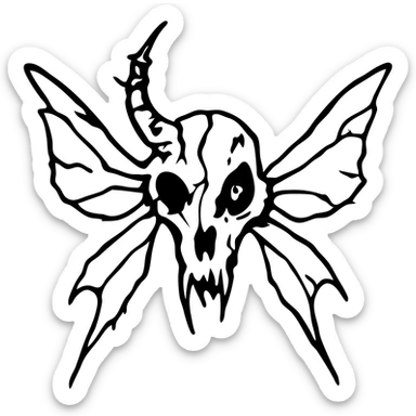 deeply disturbing minimal red horror line art of grotesque minotaur-stoat hybrid skull with aggressively fractured horn and demonic eye, unnatural twisted moth wings, mostly empty middle, no frame whatsoever, intensely unsettling with sparse but horrifying details, jagged edges with missing sections, pure nightmare fuel, 100% red sticker