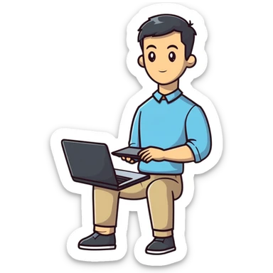 full body male teacher with attractive handsome face and stylish modern haircut in casual clothes holding a laptop sticker