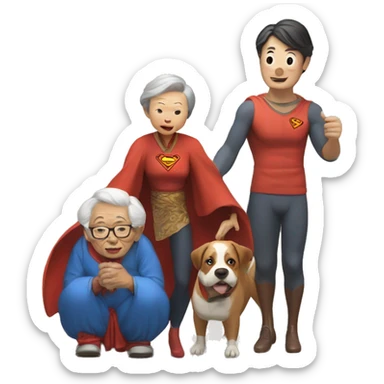 Superman juggling an old Chinese lady, a dog and family sticker