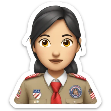 asian scout girl with badges, red and white stripes tie sticker