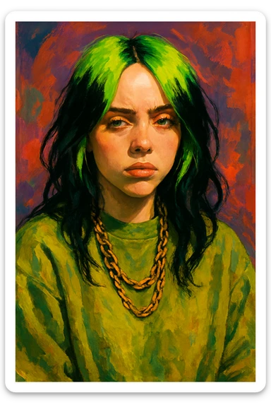 stylized portrait of Billie Eilish with green hair, oversized clothing, moody expression, pop star vibe sticker