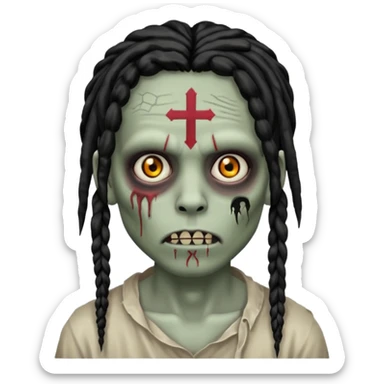 Zombie with black dreads with chinky eyes and a cross tattoo on right cheek sticker