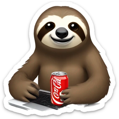 tired sloth with coca cola can and laptop sticker
