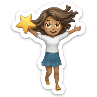 Girl with waving hair holding a star in hands while flying sticker