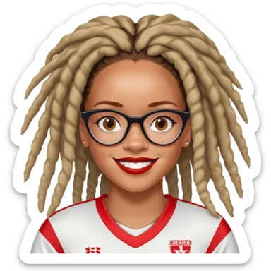 Rihanna with freckles and soccer mom dreadlocks island red and white jersey and cateye eyeglasses big smile sticker