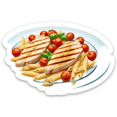 penne with cherry tomatoes and grilled chicken on a glass plate sticker