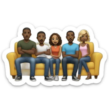 (five black men) standing around a light-skinned girl sitting on a sofa sticker